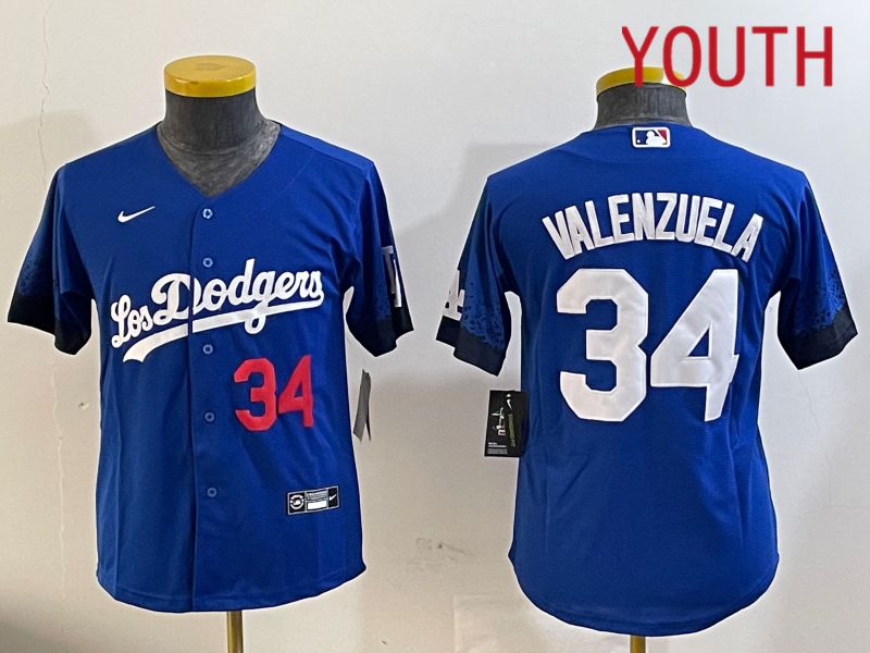 Youth Los Angeles Dodgers 34 Valenzuela 2024 blue jersey 2024112002